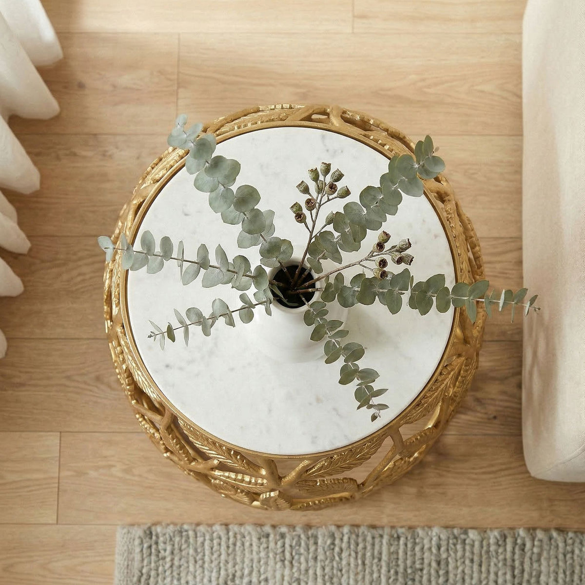 Bijzettafel 40cm Goud met wit marmeren tafelblad - Kleine ronde salontafel