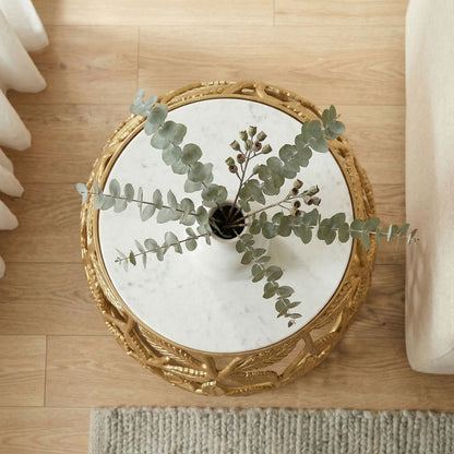 Bijzettafel 40cm Goud met wit marmeren tafelblad - Kleine ronde salontafel
