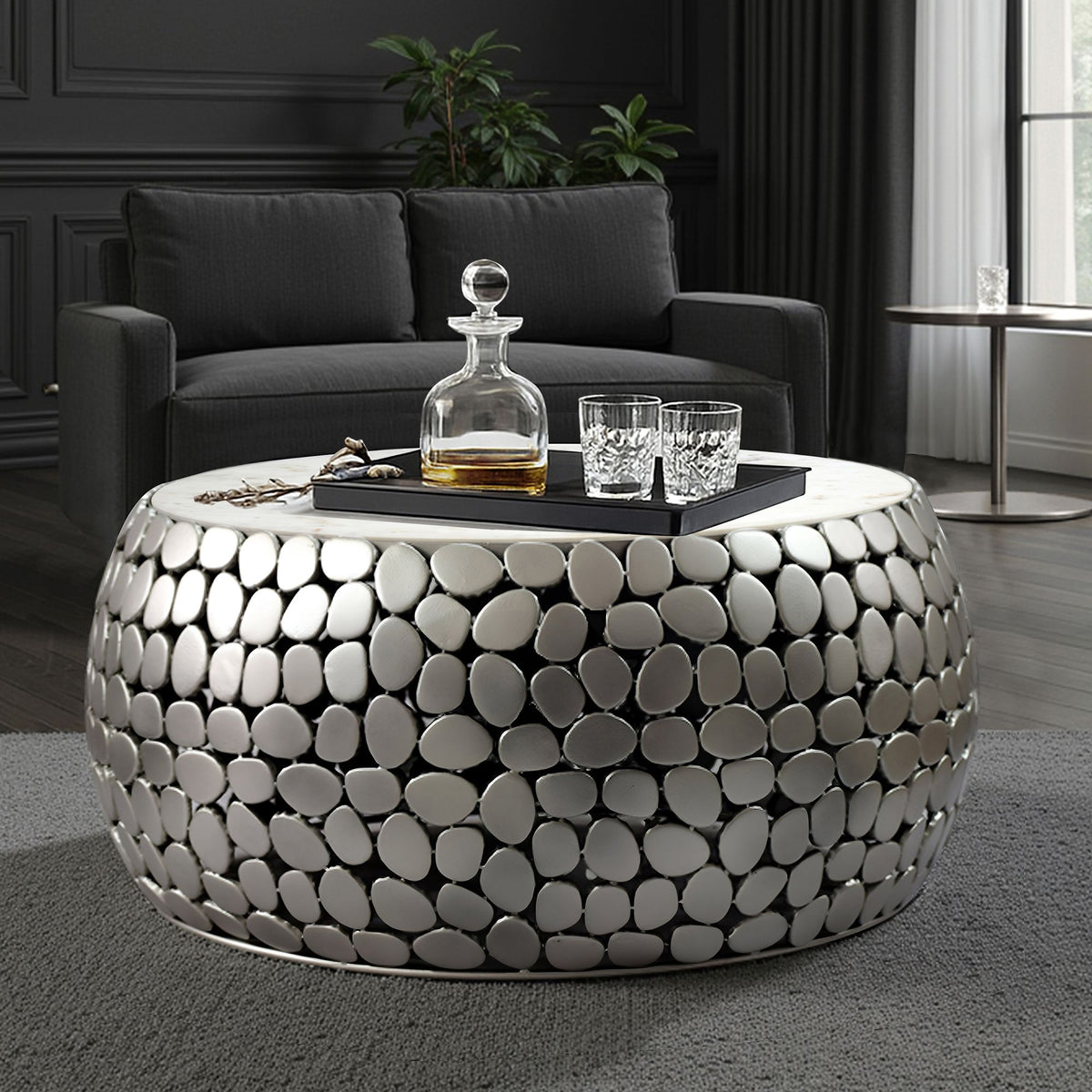 Design Salontafel rond 66 cm van aluminium zilver en wit