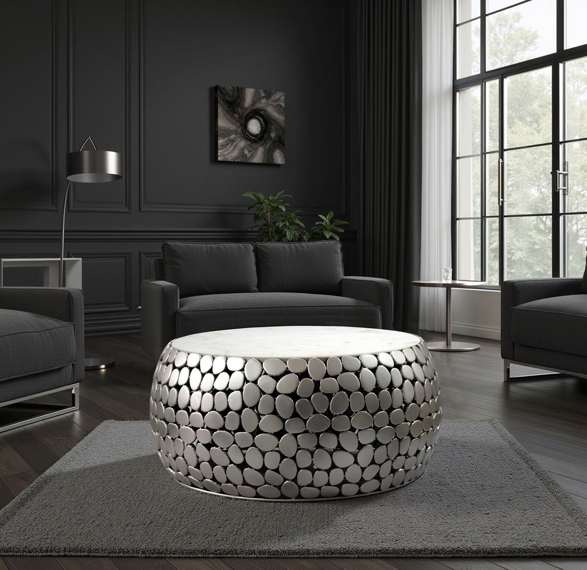 Design Salontafel rond 66 cm van aluminium zilver en wit