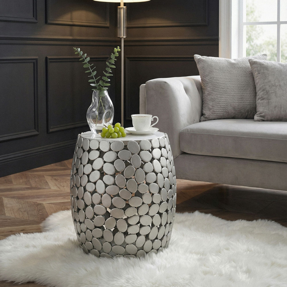 Design Bijzettafel rond 40cm van aluminium zilver & wit