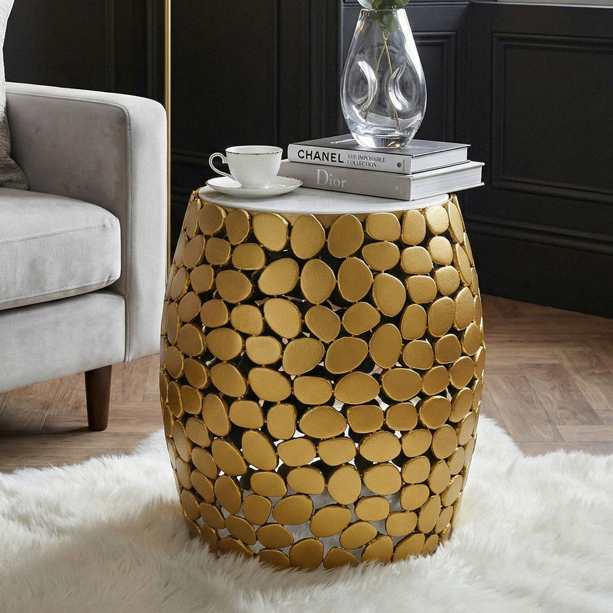 Design Bijzettafel rond 40cm van Aluminium goud & wit