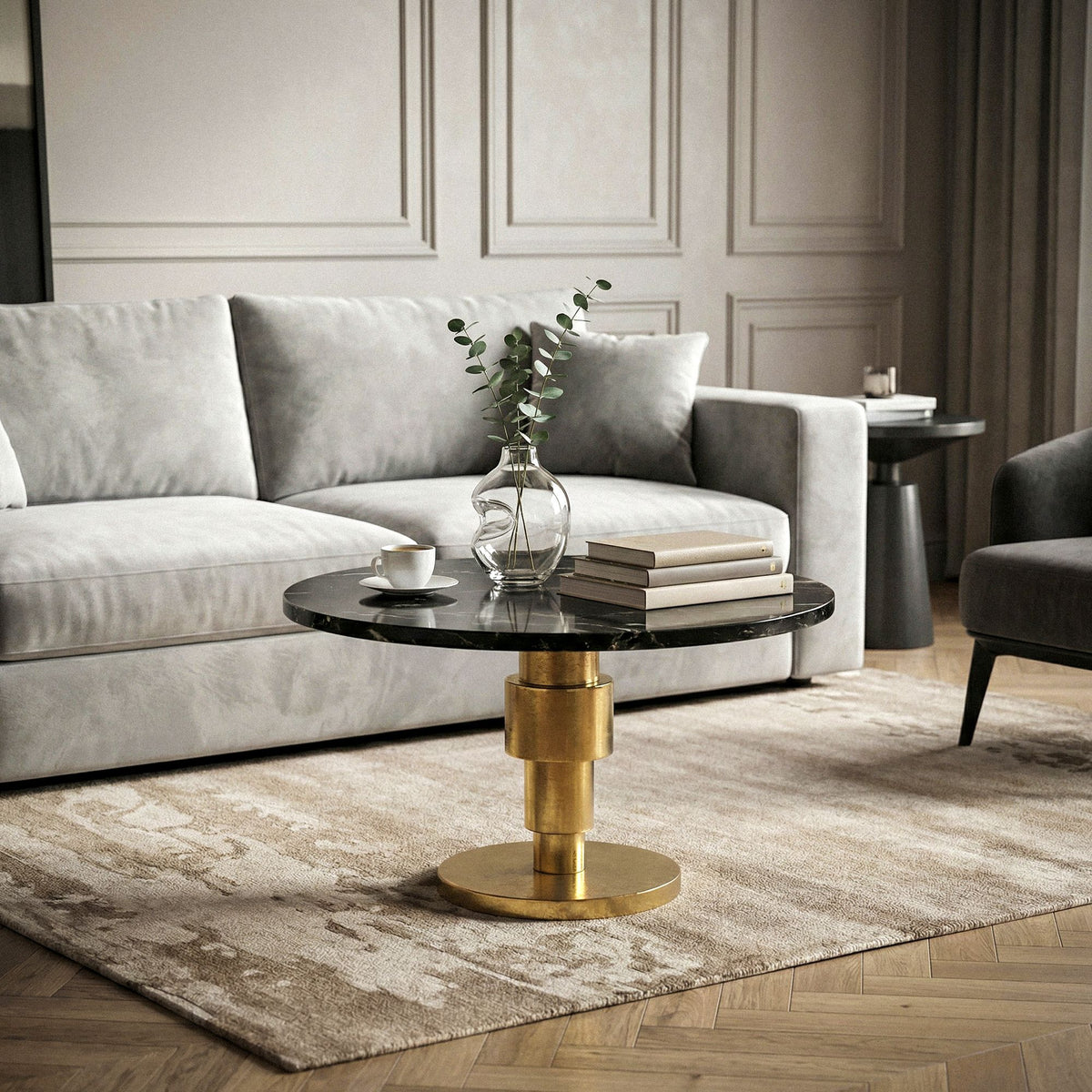 Salontafel Goud 60cm met zwart marmeren tafelblad