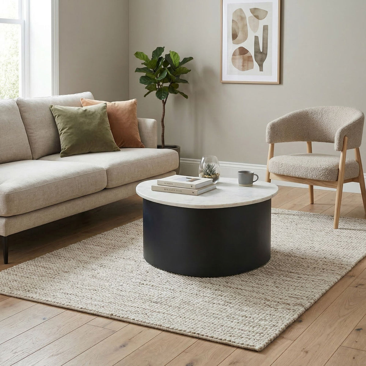 Salontafel Zwart 63cm met wit marmeren tafelblad - Woonkamertafel Alu organische vorm