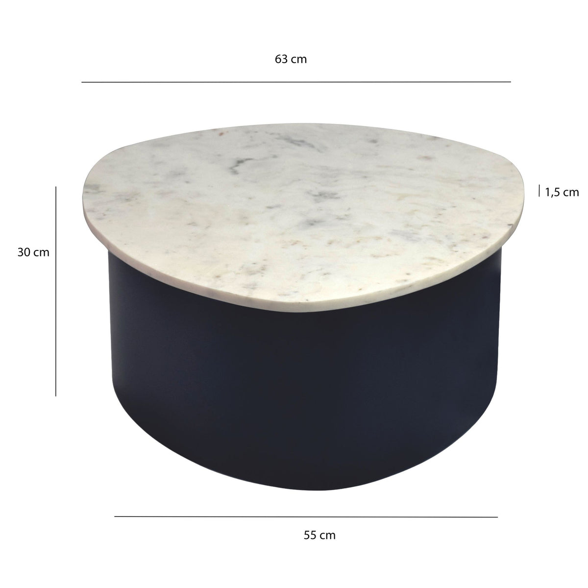 Salontafel Zwart 63cm met wit marmeren tafelblad - Woonkamertafel Alu organische vorm
