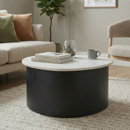 Salontafel Zwart 63cm met wit marmeren tafelblad - Woonkamertafel Alu organische vorm