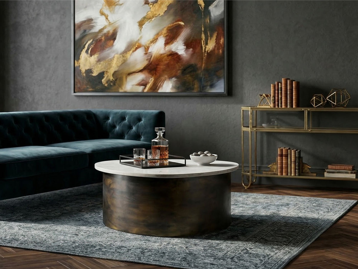 Salontafel Goud 63cm met wit marmeren tafelblad - Woonkamertafel Alu organische vorm