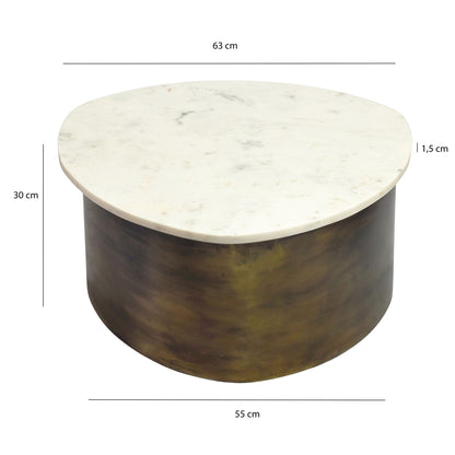 Salontafel Goud 63cm met wit marmeren tafelblad - Woonkamertafel Alu organische vorm