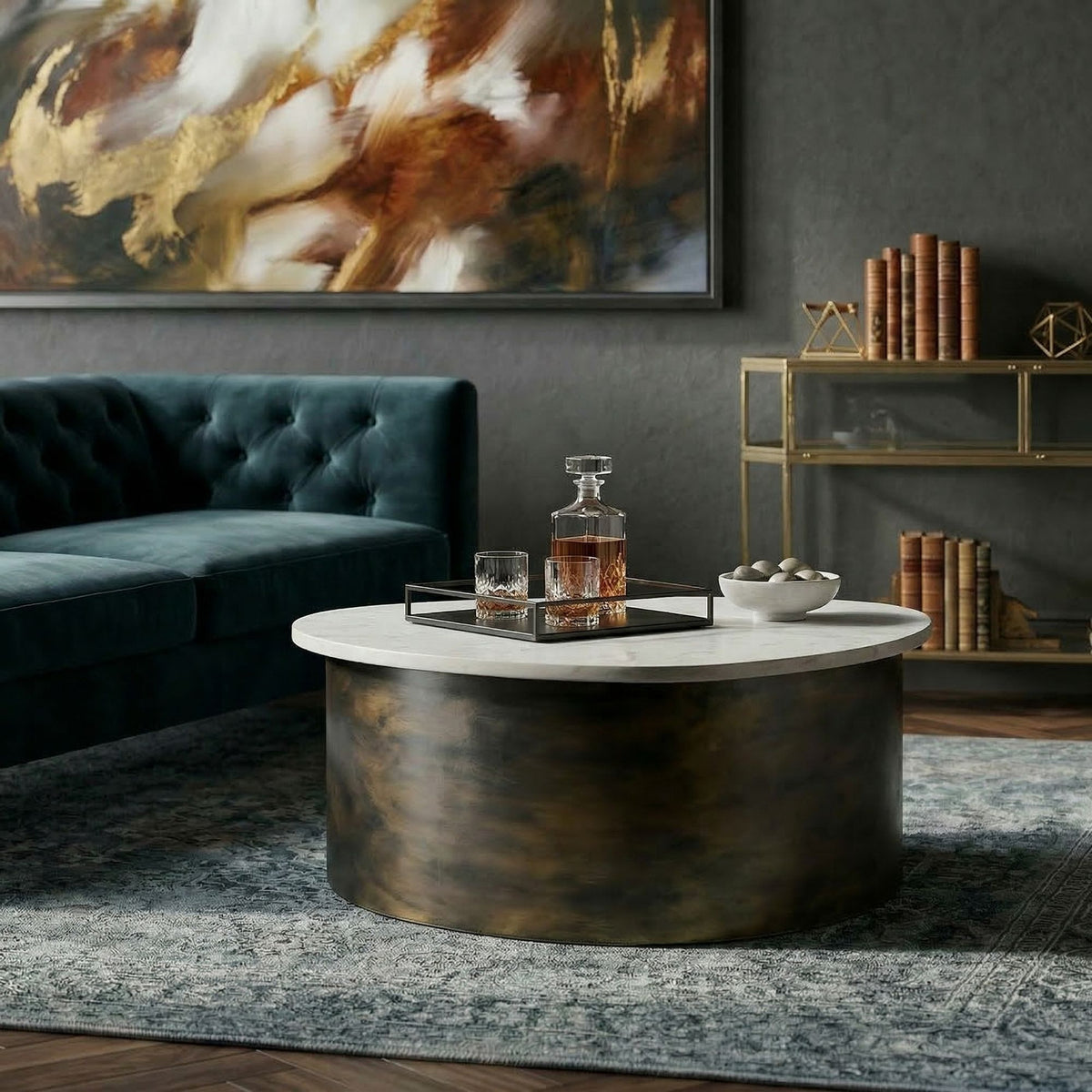 Salontafel Goud 63cm met wit marmeren tafelblad - Woonkamertafel Alu organische vorm