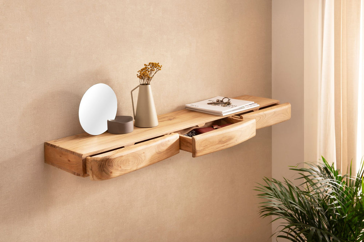 Wandplank Acacia Massief Hout 120cm met drie Lades -