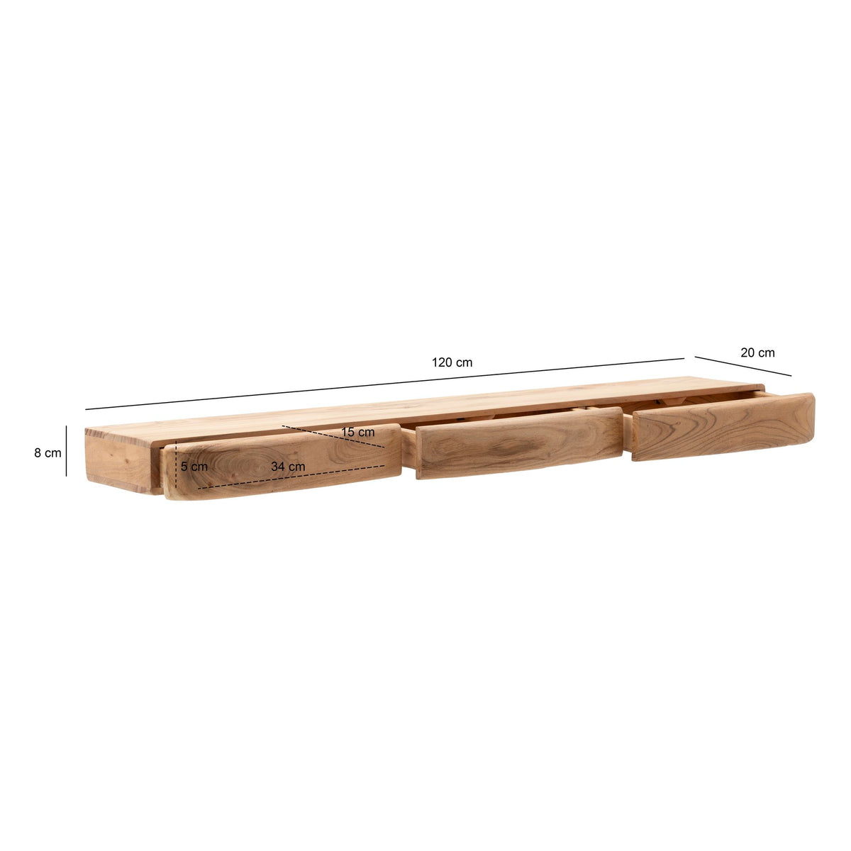 Wandplank Acacia Massief Hout 120cm met drie Lades -