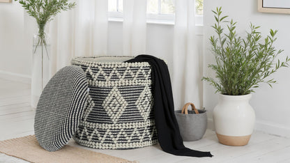 Wollen kruk Ø 40 x 45 cm Grijs-crème ronde Boho kruk