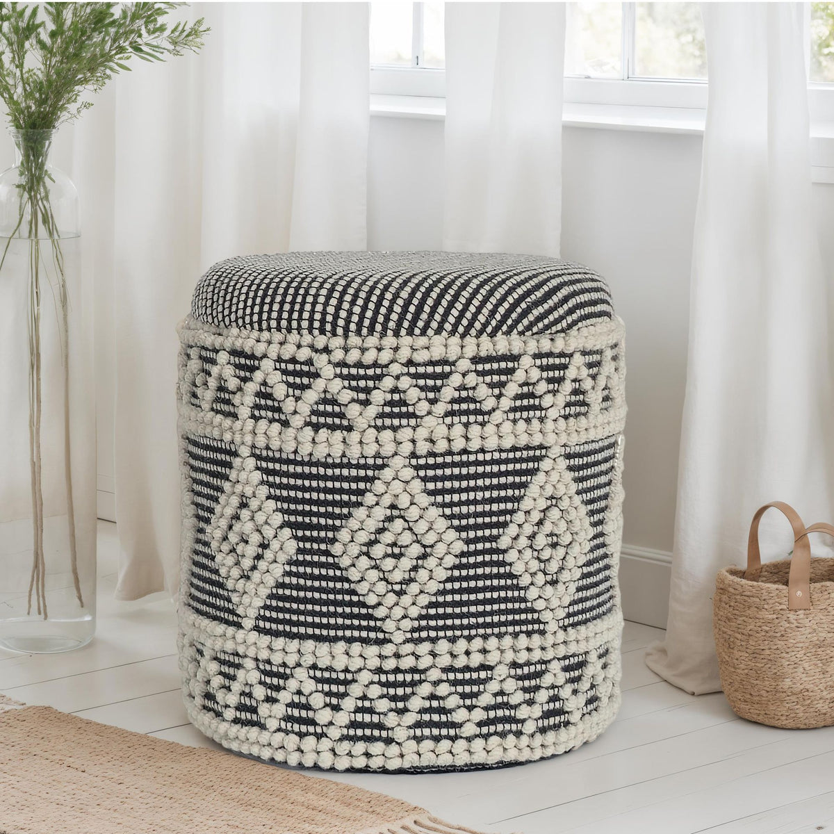 Wollen kruk Ø 40 x 45 cm Grijs-crème ronde Boho kruk