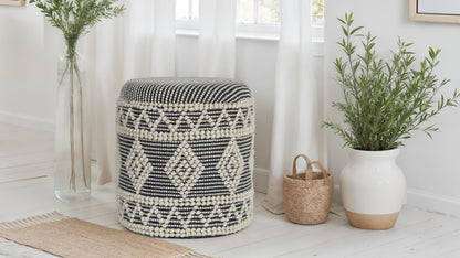 Wollen kruk Ø 40 x 45 cm Grijs-crème ronde Boho kruk