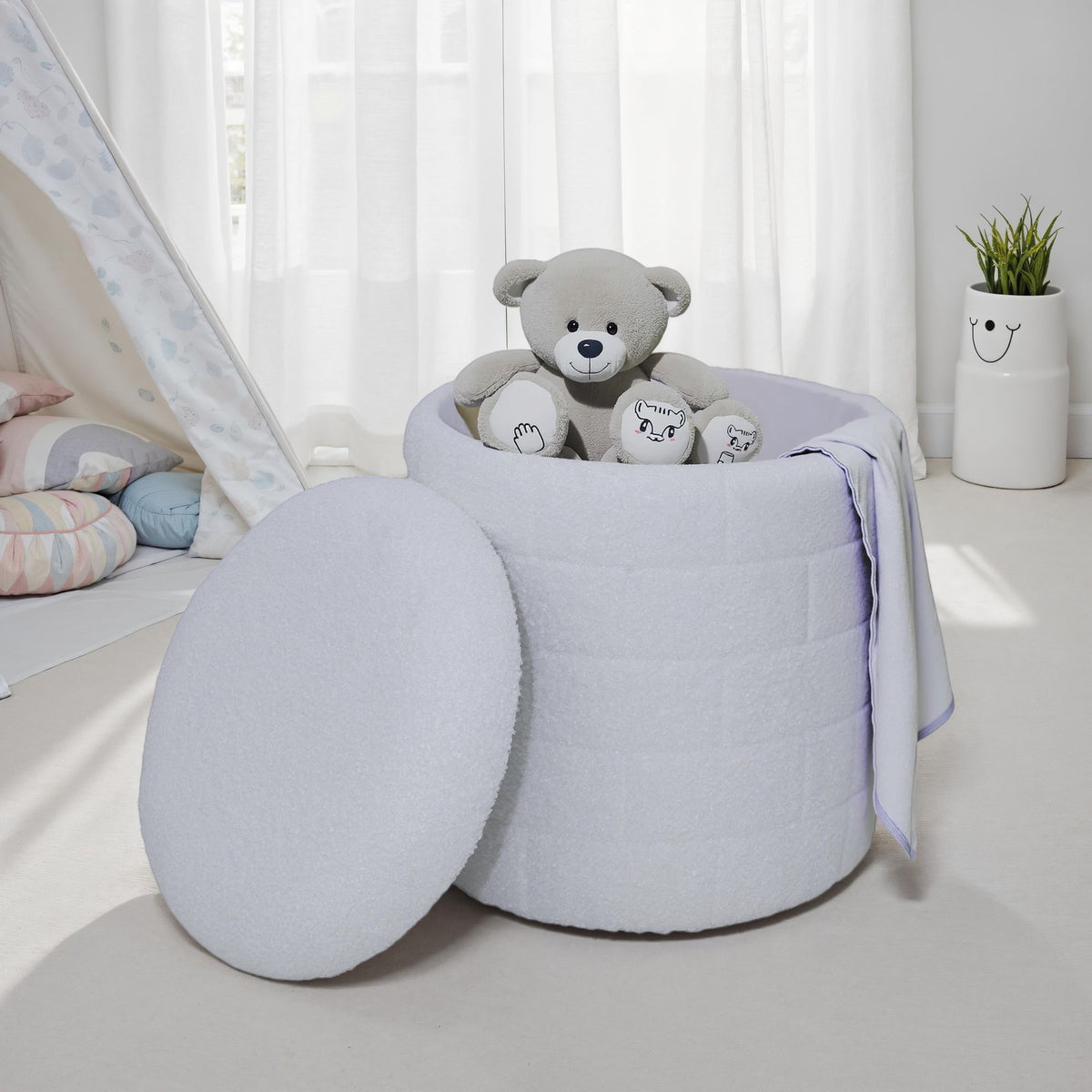 Opbergkruk 40x40x45 cm, Ronde stoffen kruk wit