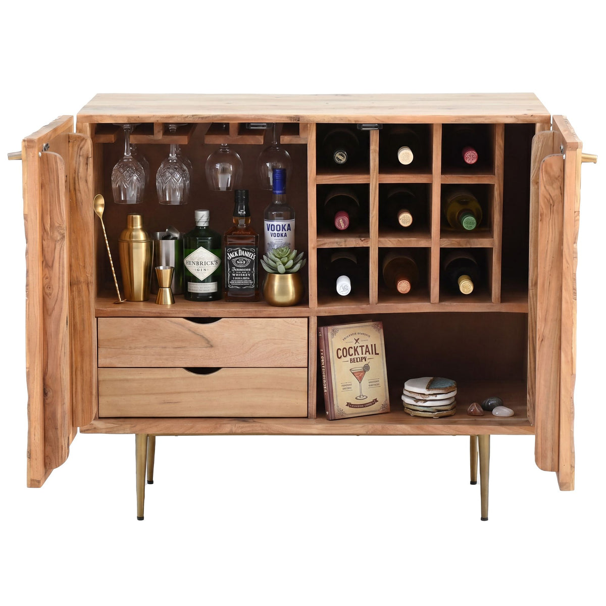 Barkast Acacia Massief Hout 90cm Natuur met Wijnrek - Design Huisbar met Glashouder
