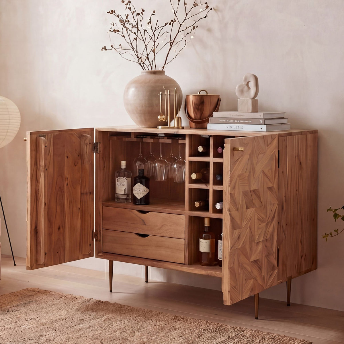 Barkast Acacia Massief Hout 90cm Natuur met Wijnrek - Design Huisbar met Glashouder