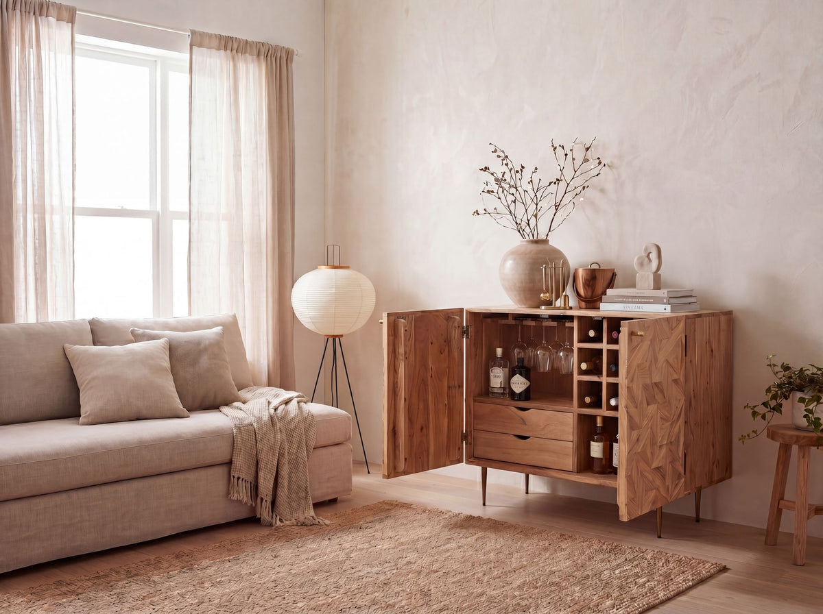 Barkast Acacia Massief Hout 90cm Natuur met Wijnrek - Design Huisbar met Glashouder