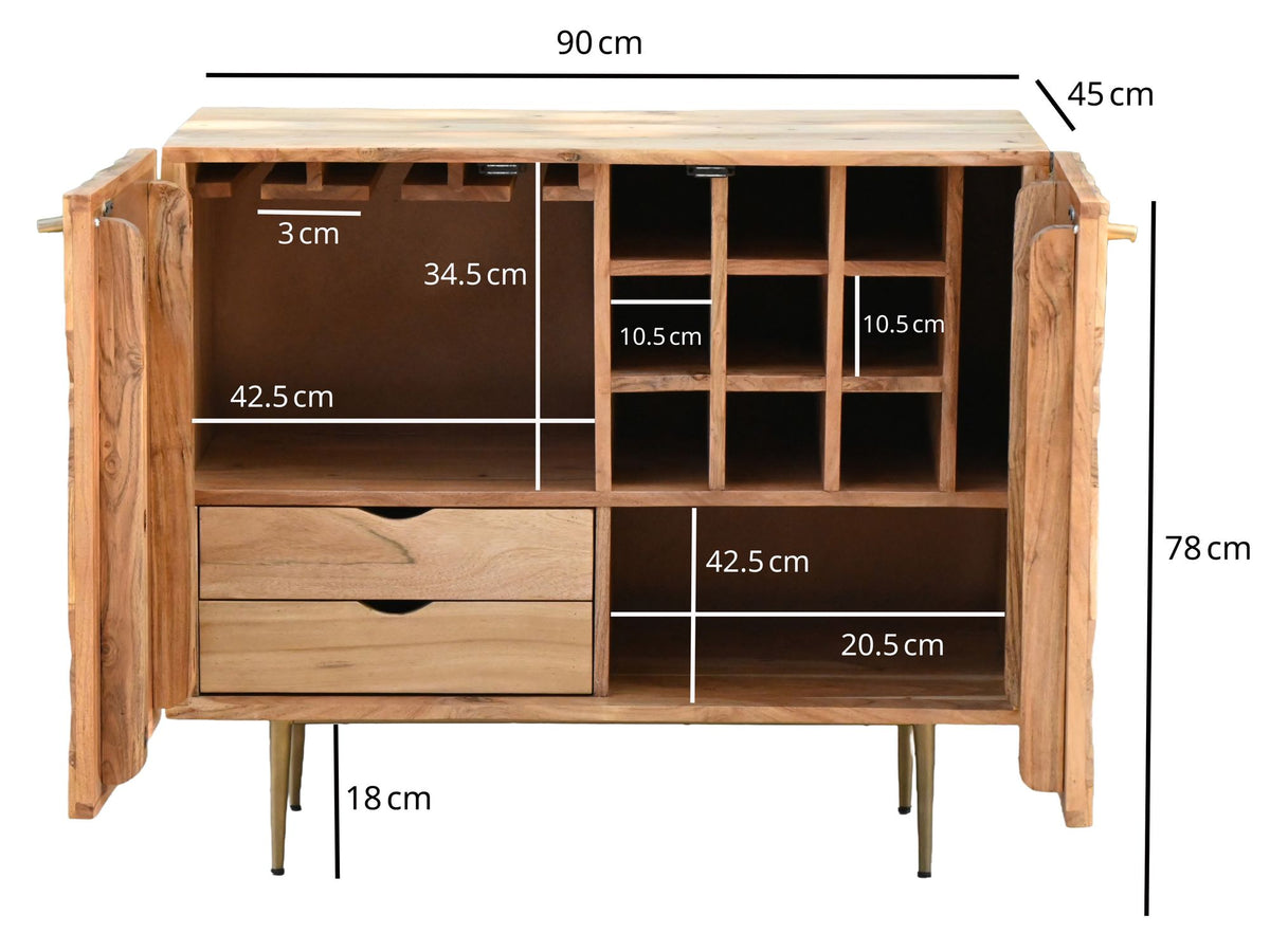 Barkast Acacia Massief Hout 90cm Natuur met Wijnrek - Design Huisbar met Glashouder