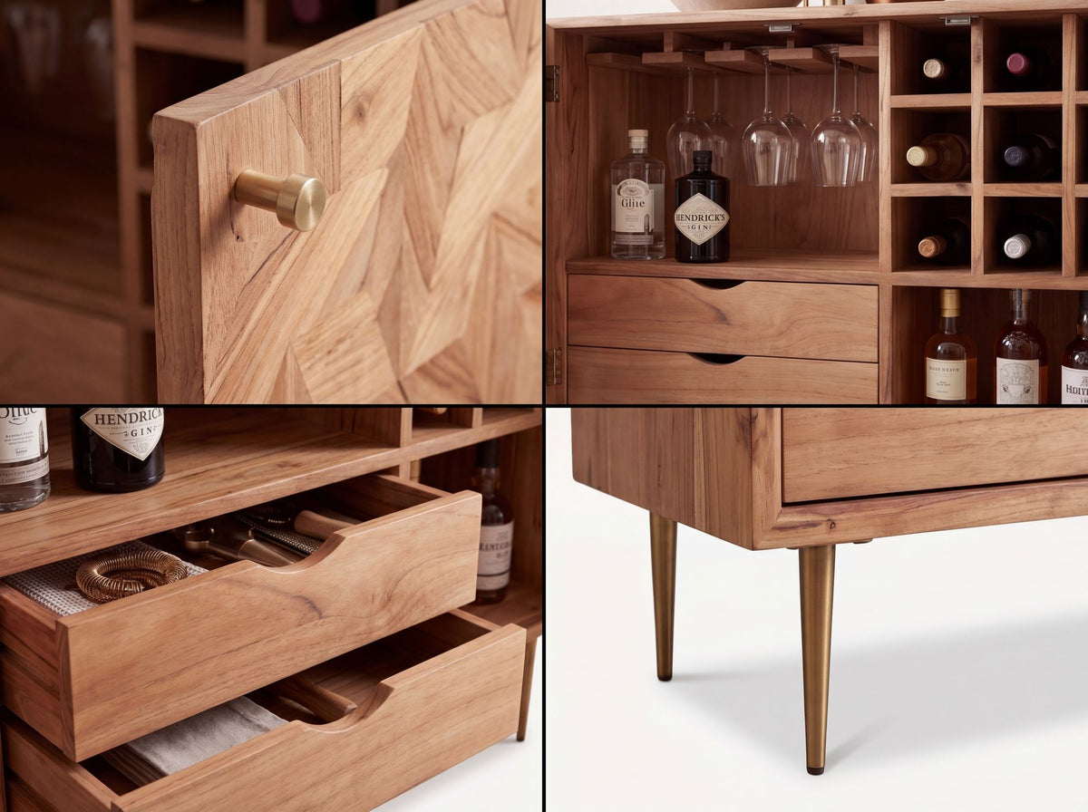 Barkast Acacia Massief Hout 90cm Natuur met Wijnrek - Design Huisbar met Glashouder