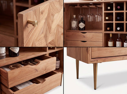 Barkast Acacia Massief Hout 90cm Natuur met Wijnrek - Design Huisbar met Glashouder