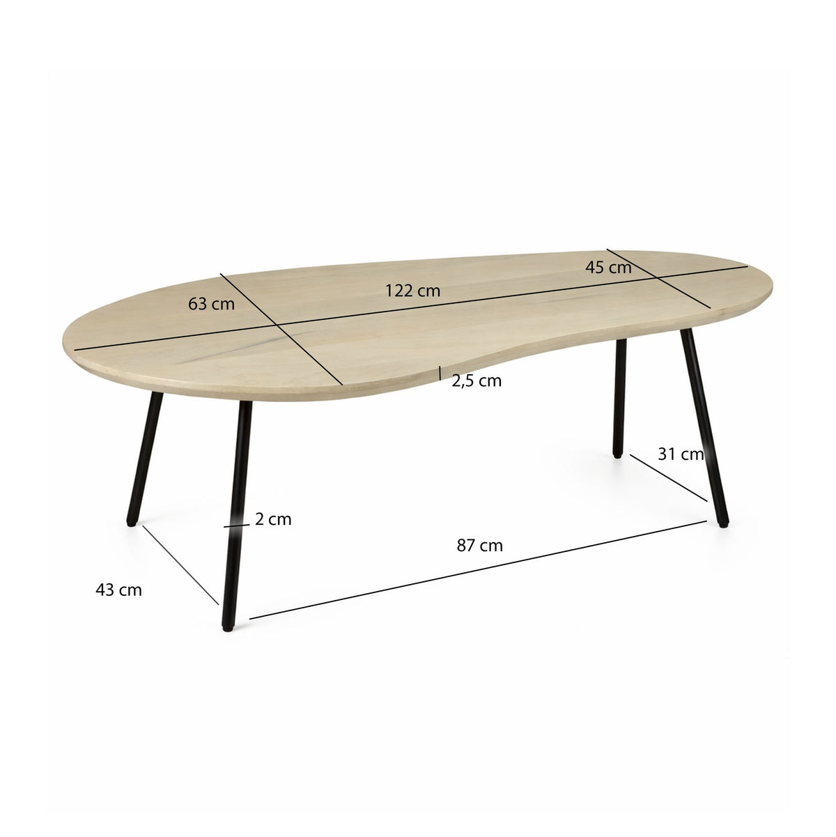 Salontafel niervorm Mangohout massief white wash 122 cm