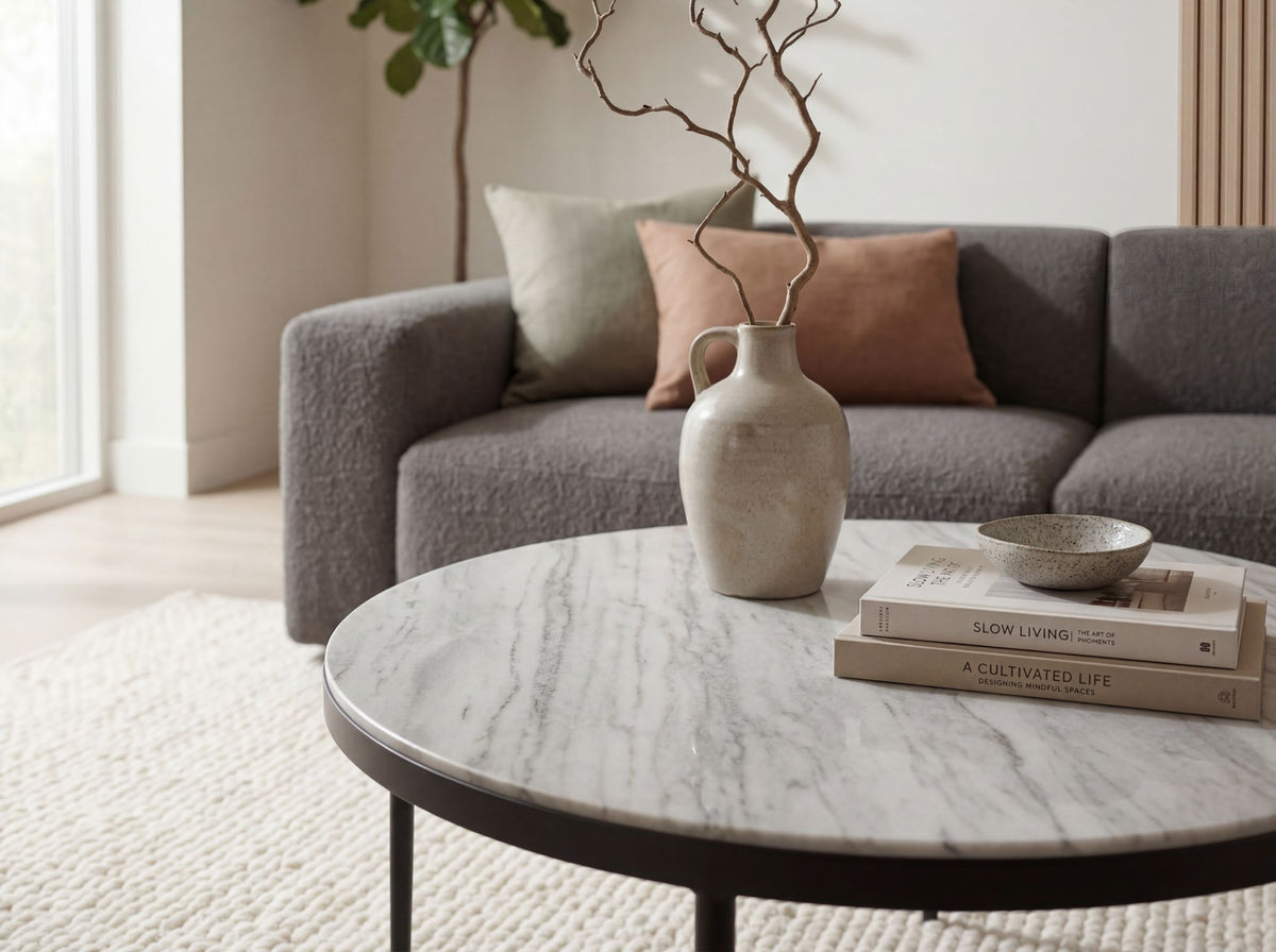 Salontafel Metaal met wit Toronto Marmer Tafelblad 70cm rond
