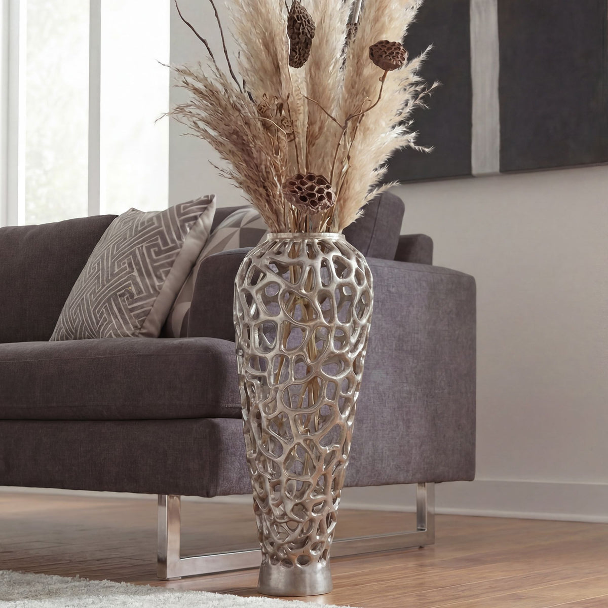 Vloervaas Aluminium 85cm Zilver - Design Bloemenvaas Groot