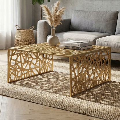 WOHNLING Salontafel, Aluminium, Goud, 60 cm, Vierkante bijzettafel, Metaal - Moderne aluminium woonkamertafel met patroon - Lage designtafel - Loungetafel, bijzettafel, handgemaakt