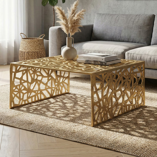WOHNLING Salontafel, Aluminium, Goud, 60 cm, Vierkante bijzettafel, Metaal - Moderne aluminium woonkamertafel met patroon - Lage designtafel - Loungetafel, bijzettafel, handgemaakt