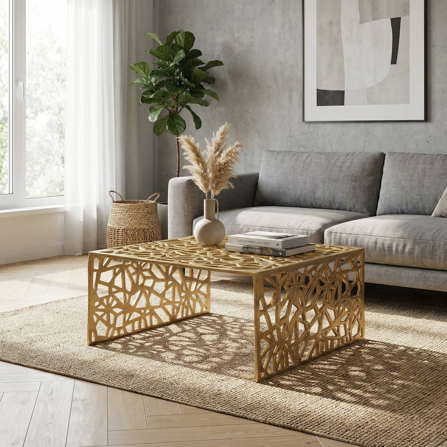 WOHNLING Salontafel, Aluminium, Goud, 60 cm, Vierkante bijzettafel, Metaal - Moderne aluminium woonkamertafel met patroon - Lage designtafel - Loungetafel, bijzettafel, handgemaakt