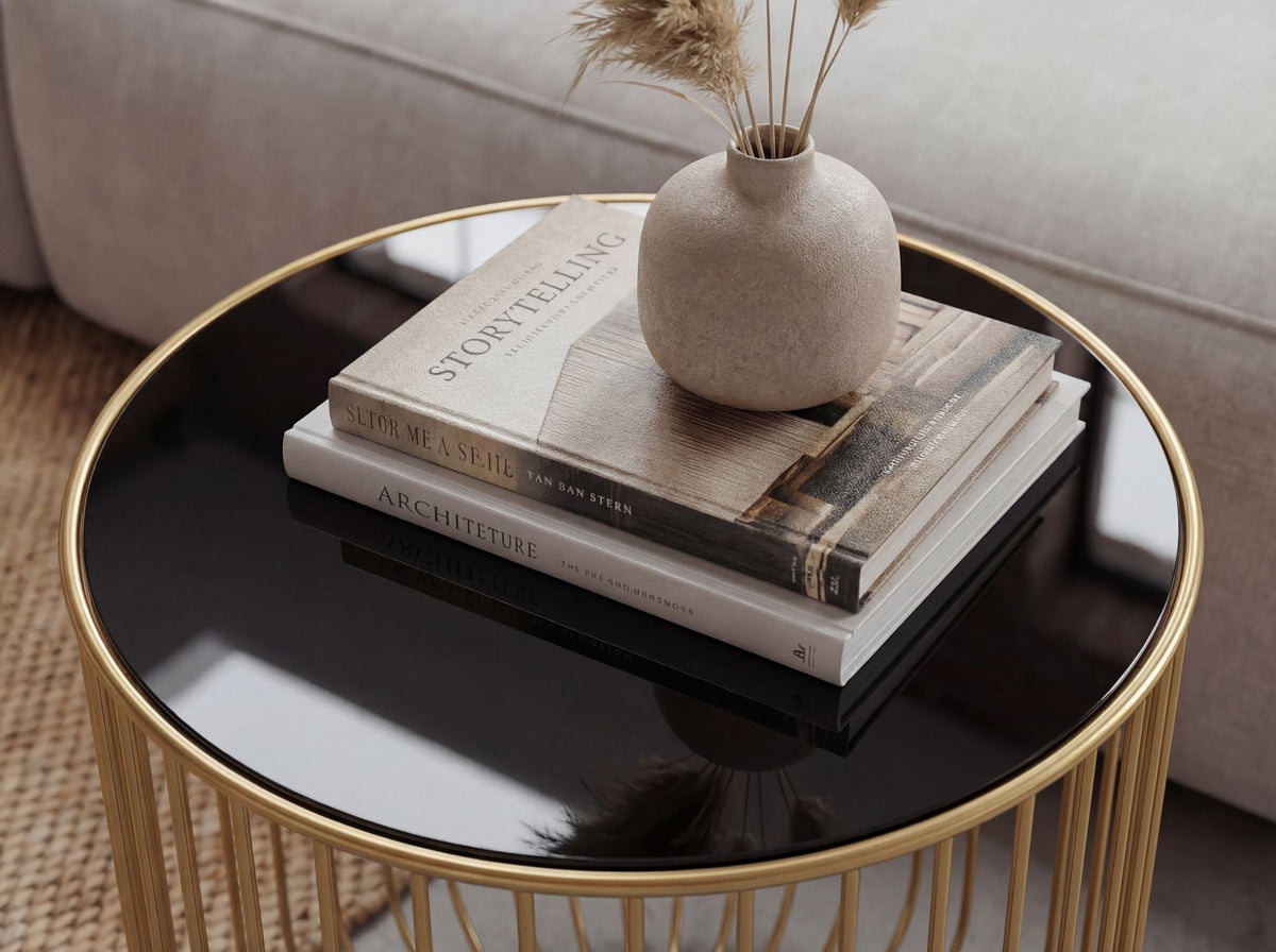 Bijzettafel Glas Metaal 40cm Goud Rond - Moderne Bijzettafel