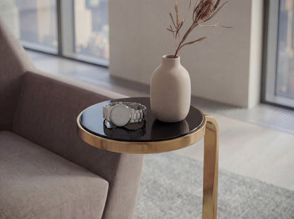 Bijzettafel Metaal met zwart Marmeren Blad 72cm Rond - Design Salontafel Glas C-Vorm