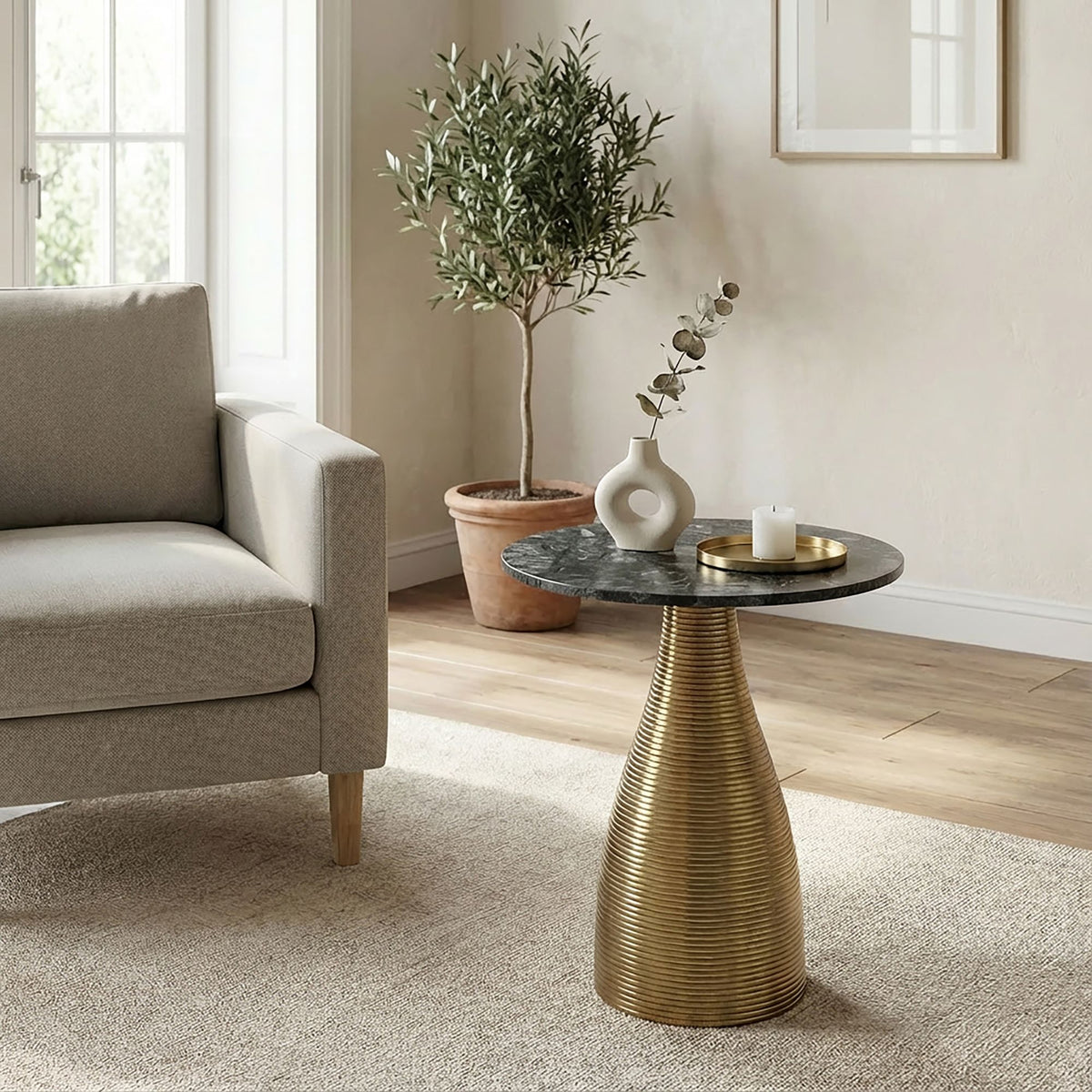 Bijzettafel Rond 40cm Goud met Massief Marmeren Blad
