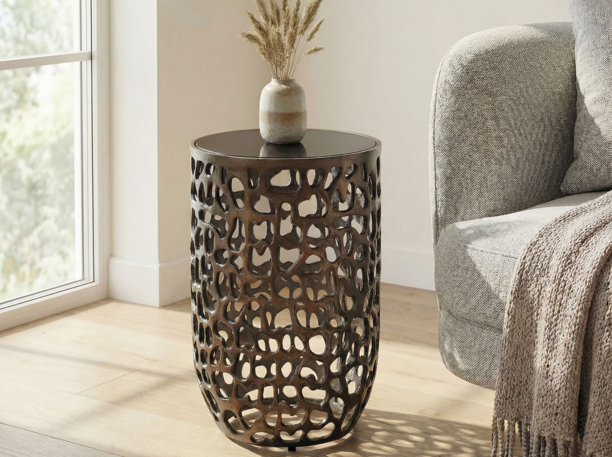 Bijzettafel Glas Aluminium 30cm Zwart Rond - Moderne Bijzettafel Metaal