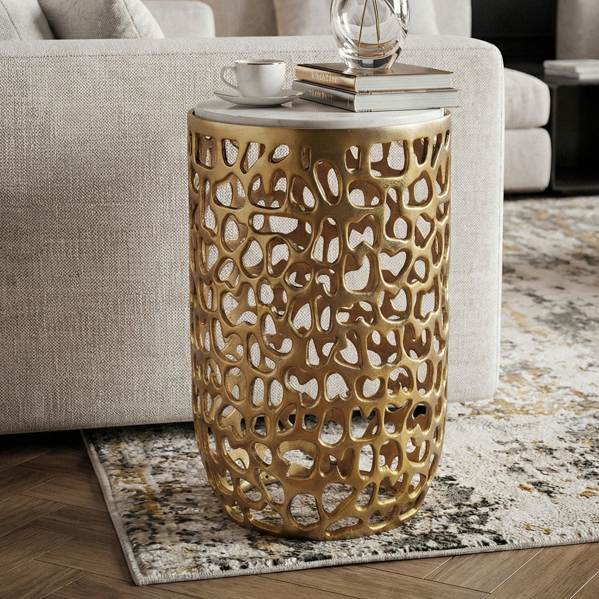 Bijzettafel Aluminium goud rond 30cm – Aanbouwtafel met