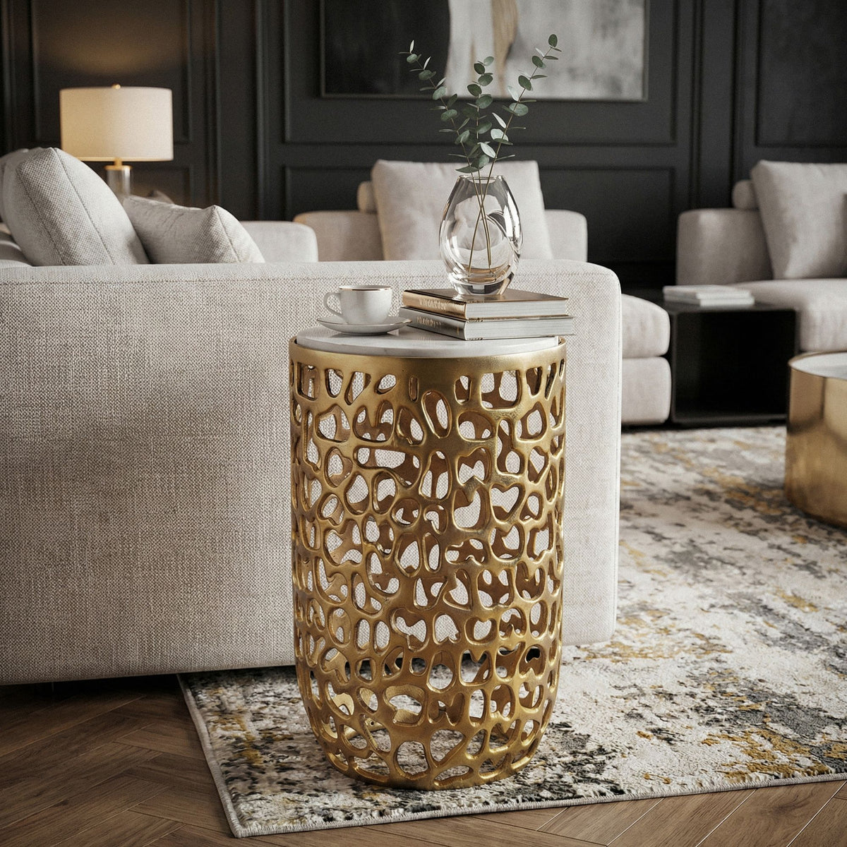 Bijzettafel Aluminium goud rond 30cm – Aanbouwtafel met