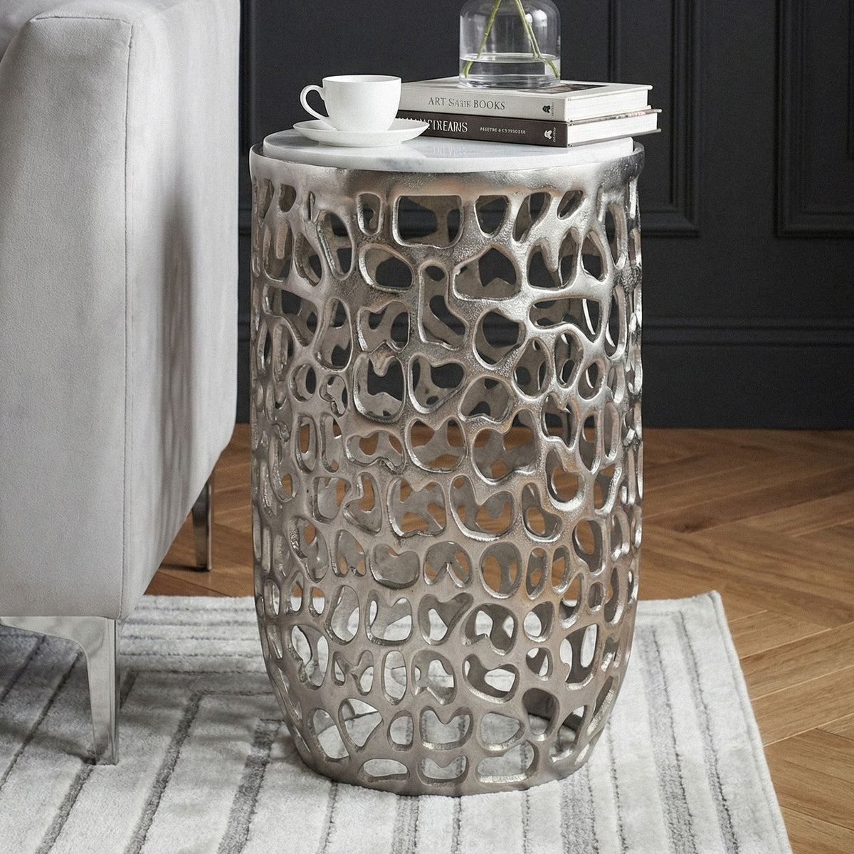 Bijzettafel Aluminium zilver rond 30cm – Aanbouwtafel