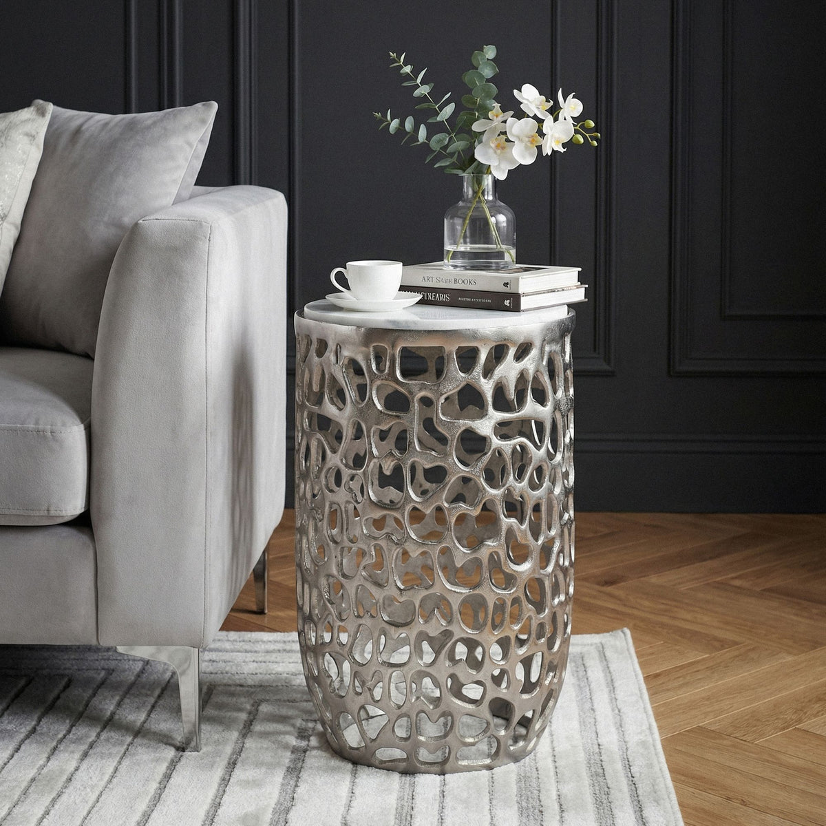 Bijzettafel Aluminium zilver rond 30cm – Aanbouwtafel