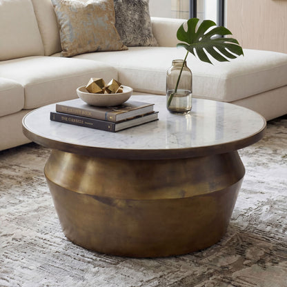 Salontafel 60cm Goud met wit marmeren tafelblad - Ronde woonkamertafel