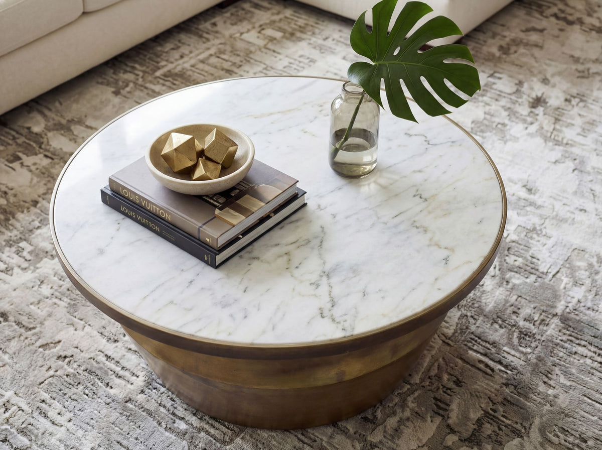 Salontafel 60cm Goud met wit marmeren tafelblad - Ronde woonkamertafel