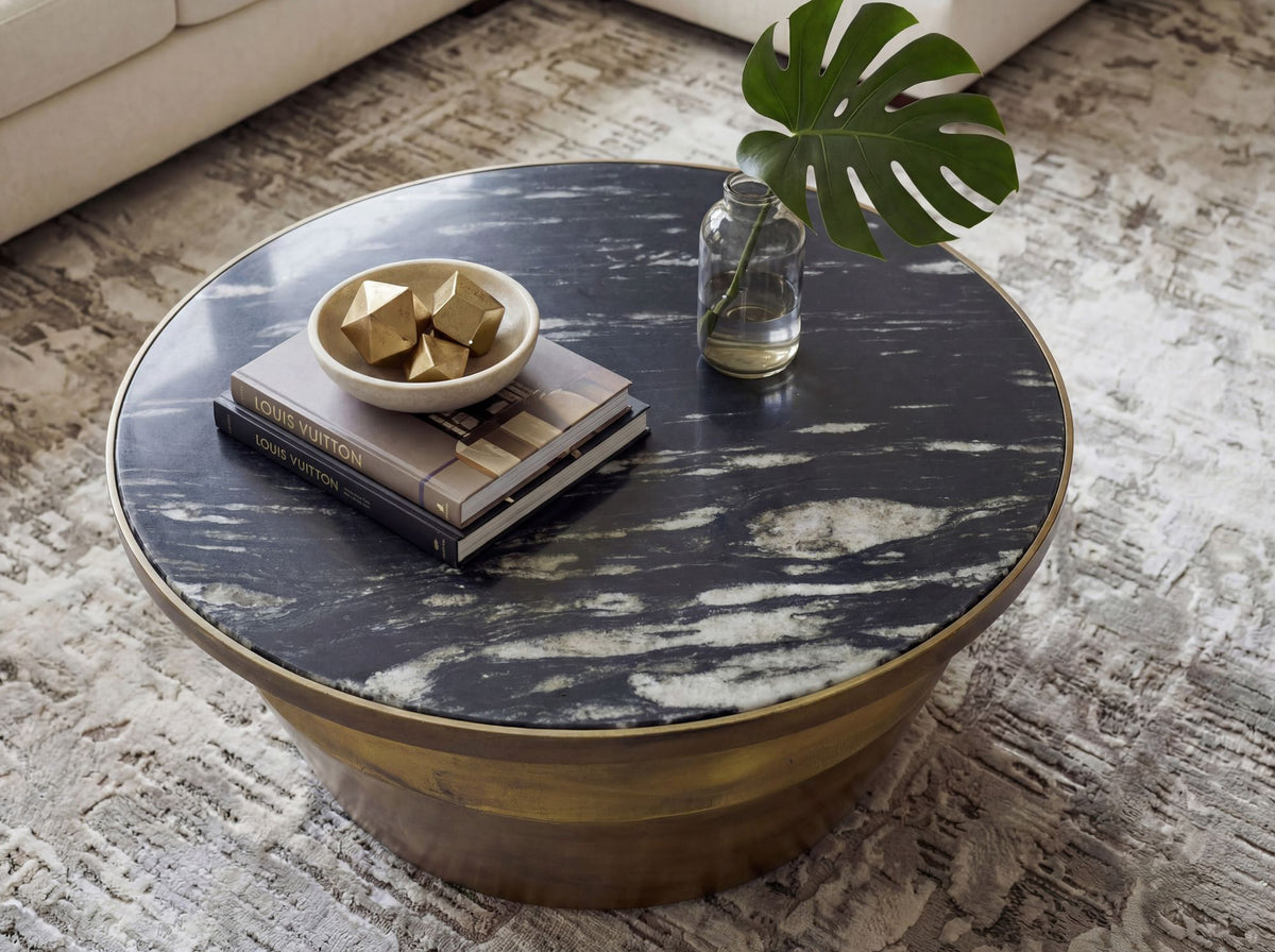 Salontafel 60cm Aluminium met zwart marmeren tafelblad - Ronde woonkamertafel