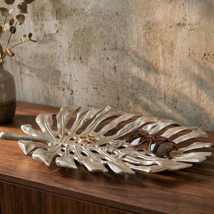 Decoratieschaal Zilver Aluminium 36cm Monstera Bladvorm