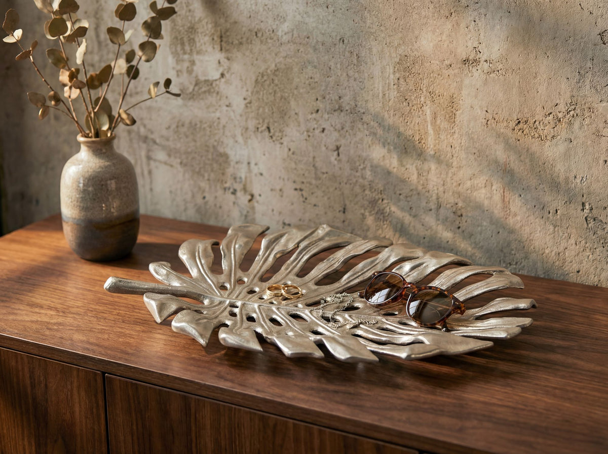 Decoratieschaal Zilver Aluminium 36cm Monstera Bladvorm