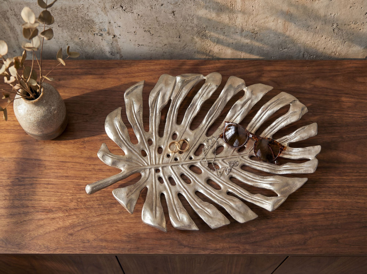 Decoratieschaal Zilver Aluminium 36cm Monstera Bladvorm