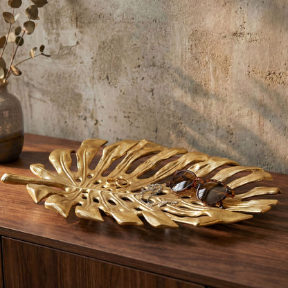 Decoratieschaal Goud Aluminium 36cm Monstera Bladvorm
