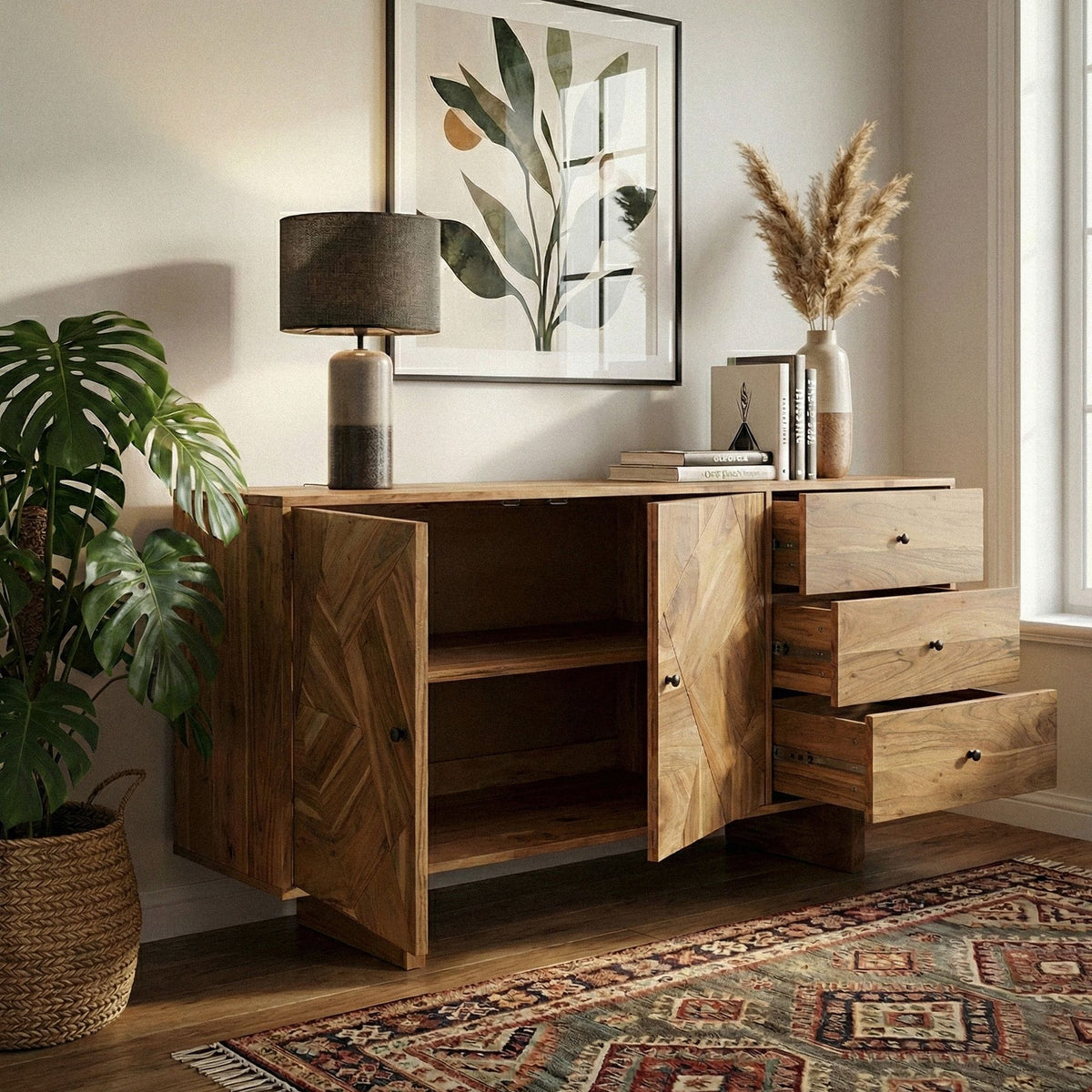 Design Dressoir Acacia Massief Hout 150 cm met 2 Deuren