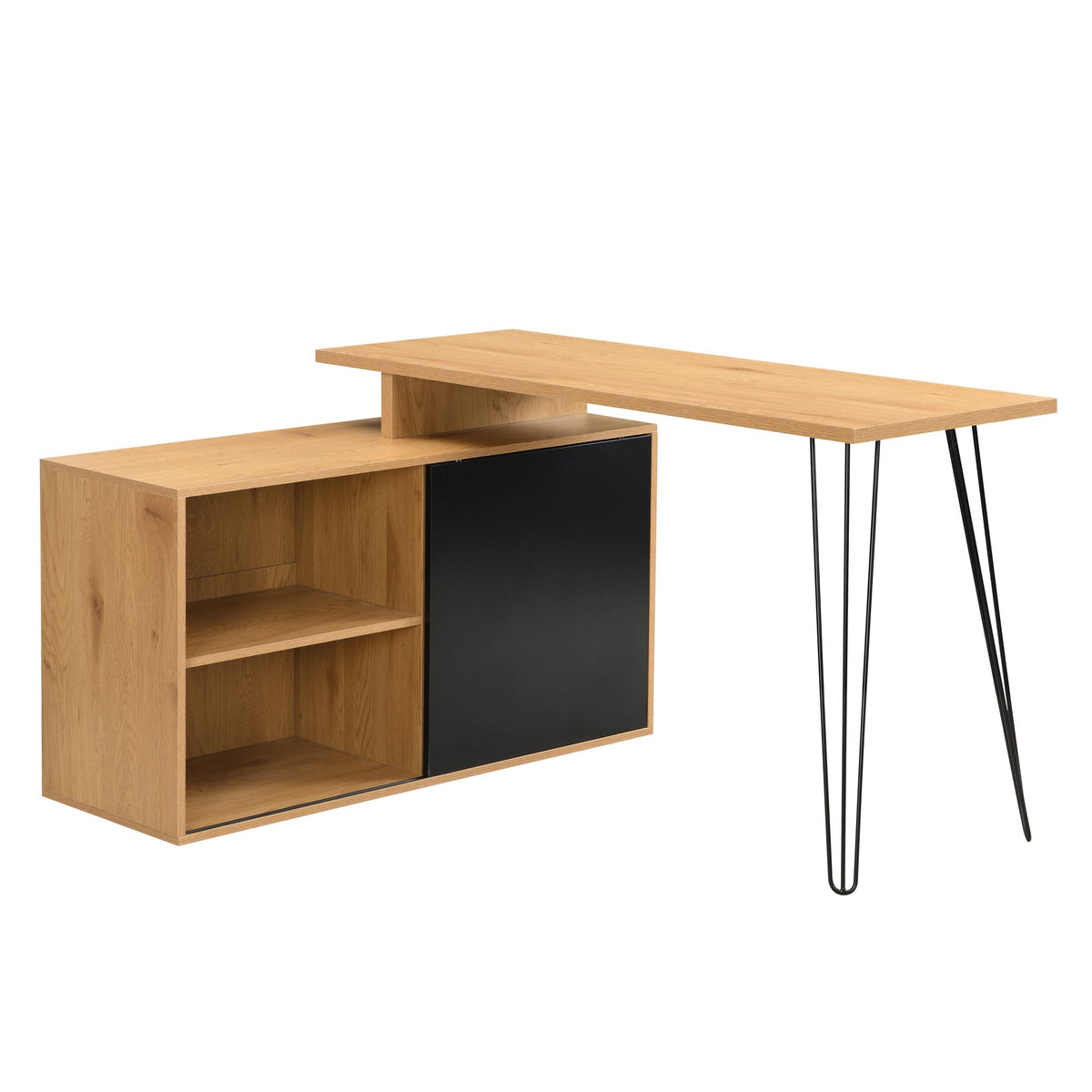 Bureau MDF 130cm Eiken Decor Zwart L-vorm met Plank - Design Hoekbureau met Kast