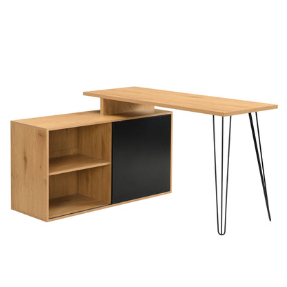 Bureau MDF 130cm Eiken Decor Zwart L-vorm met Plank - Design Hoekbureau met Kast