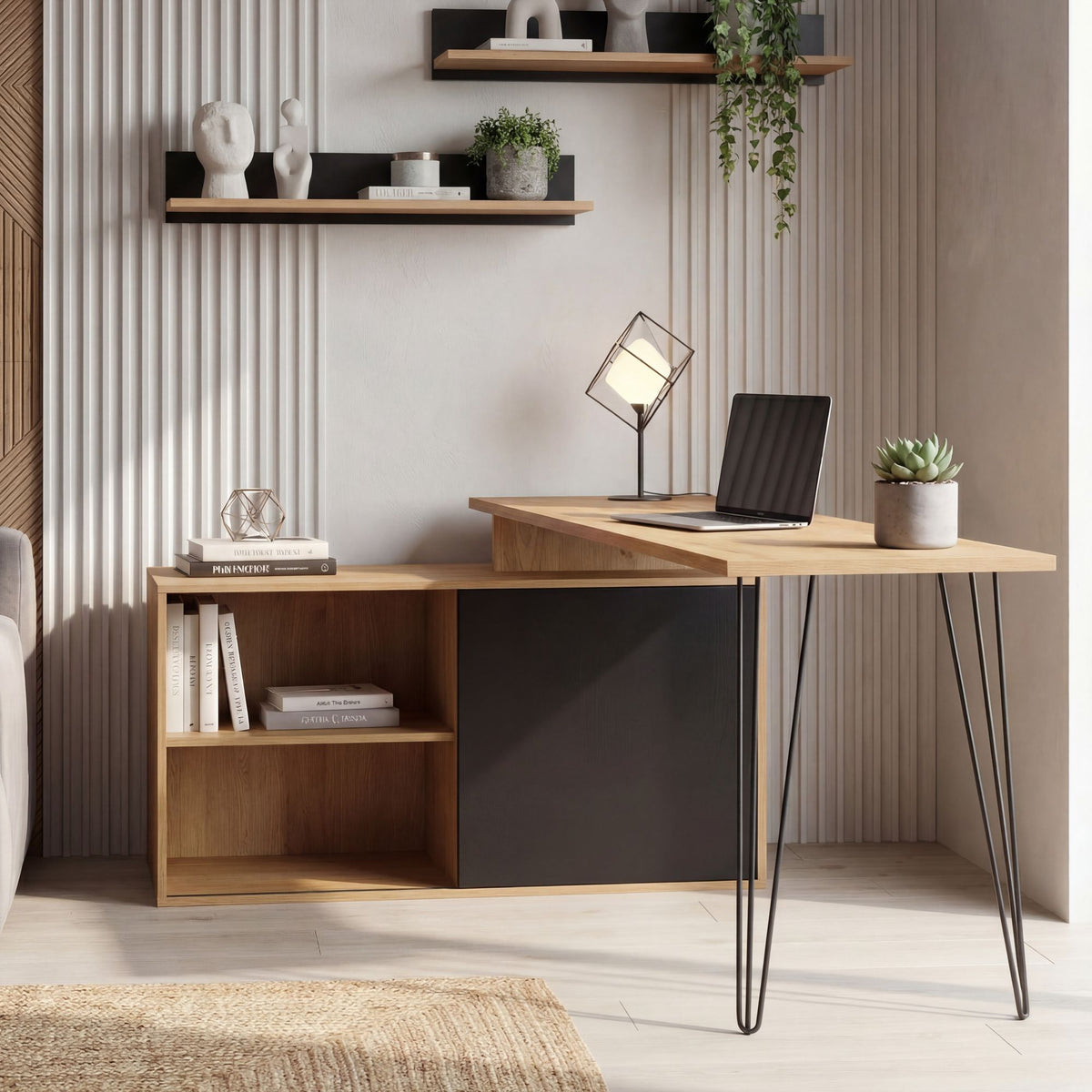 Bureau MDF 130cm Eiken Decor Zwart L-vorm met Plank - Design Hoekbureau met Kast